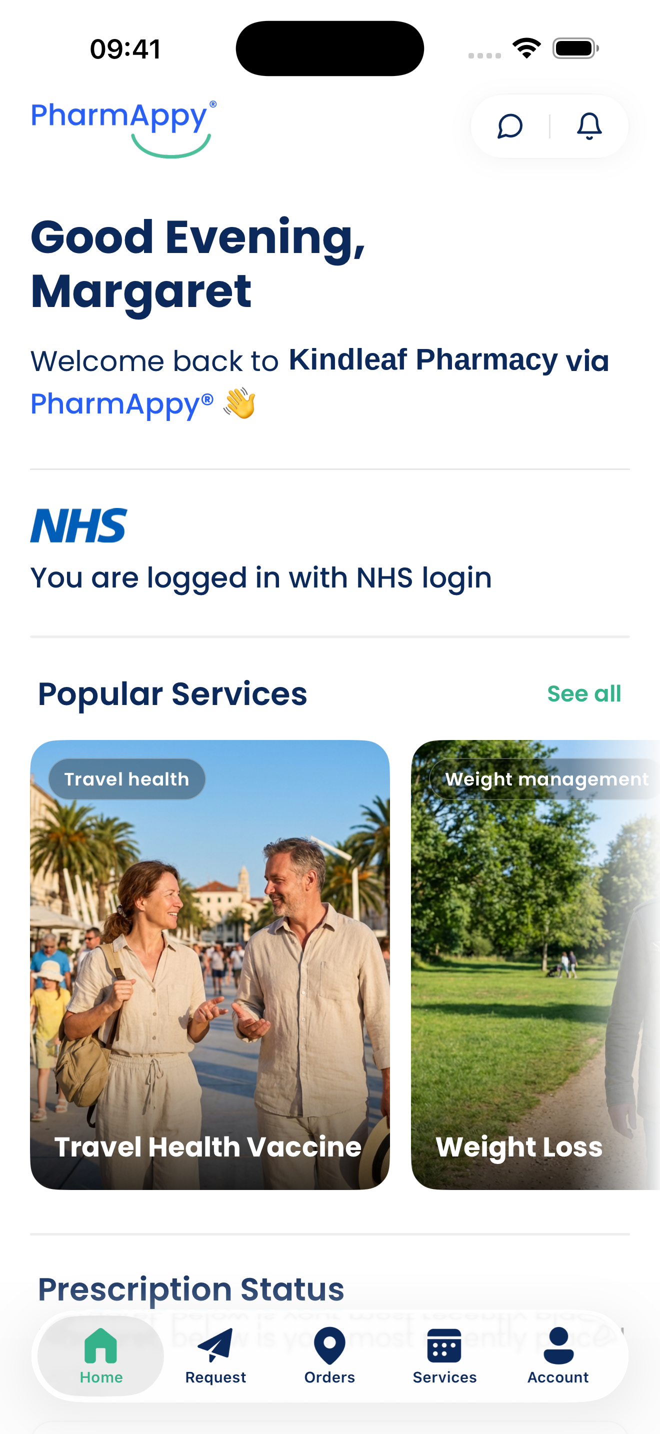 The Kindleaf app on PharmAppy, showing popular services and prescription status