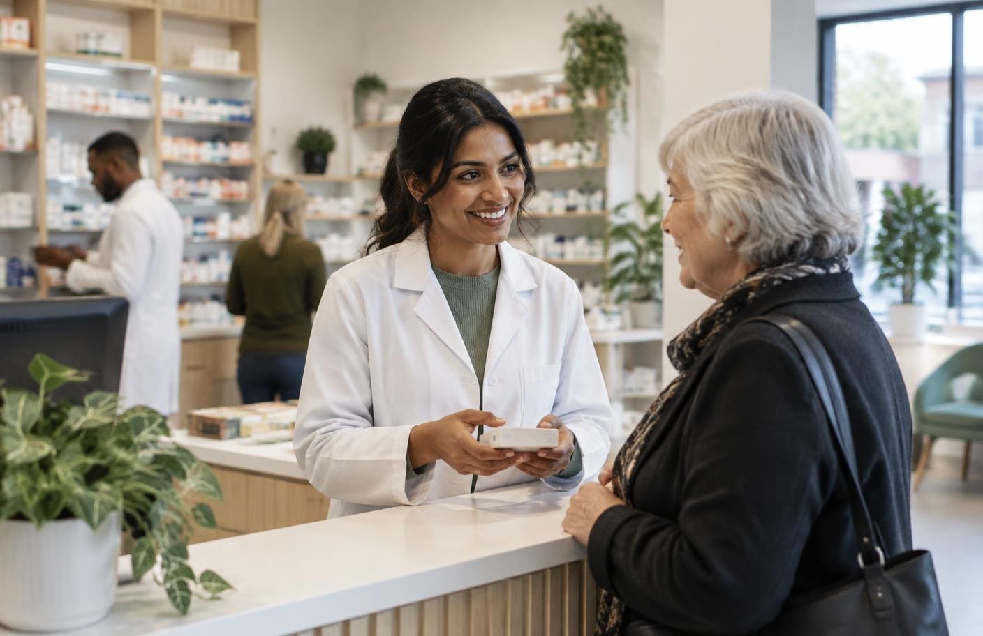 A Kindleaf pharmacist helping a local customer